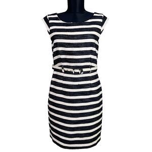 Banana Republic Petites Sheath Dress Black White Tweed Belted Size 4P Cap